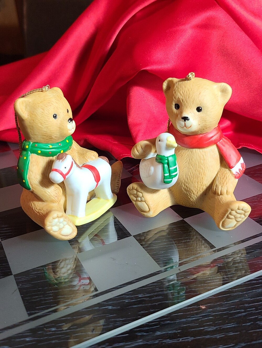Vintage Red and Green Teddy Bear Ornaments